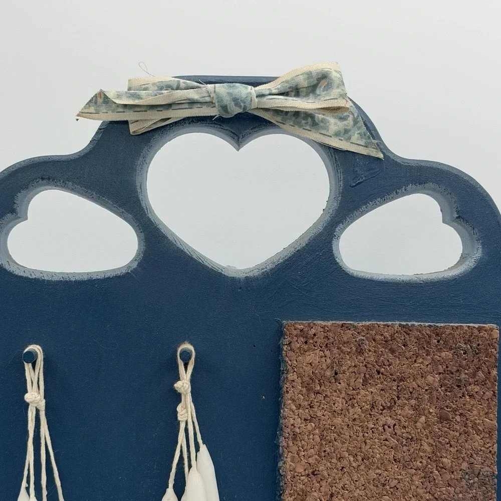Vintage Blue Wood Heart Cutout Country Notes Wall Hanging Cottagecore Kitchen